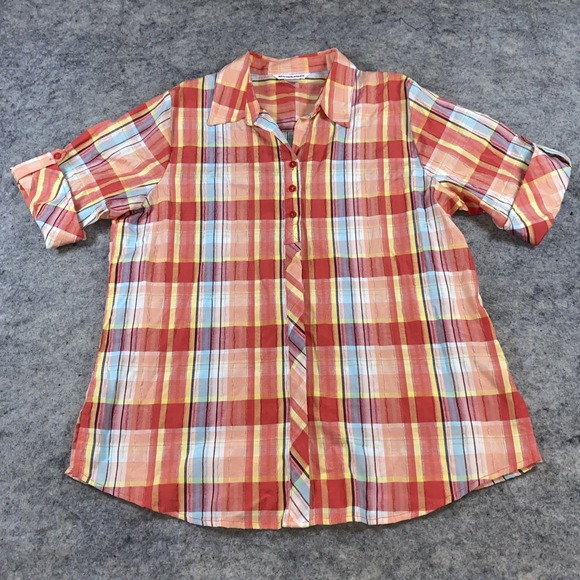 Allison Daley Plaid Shirt Women's 12 Pink Orange Roll Tab Sleeve Camp Cottage - Picture 1 of 11